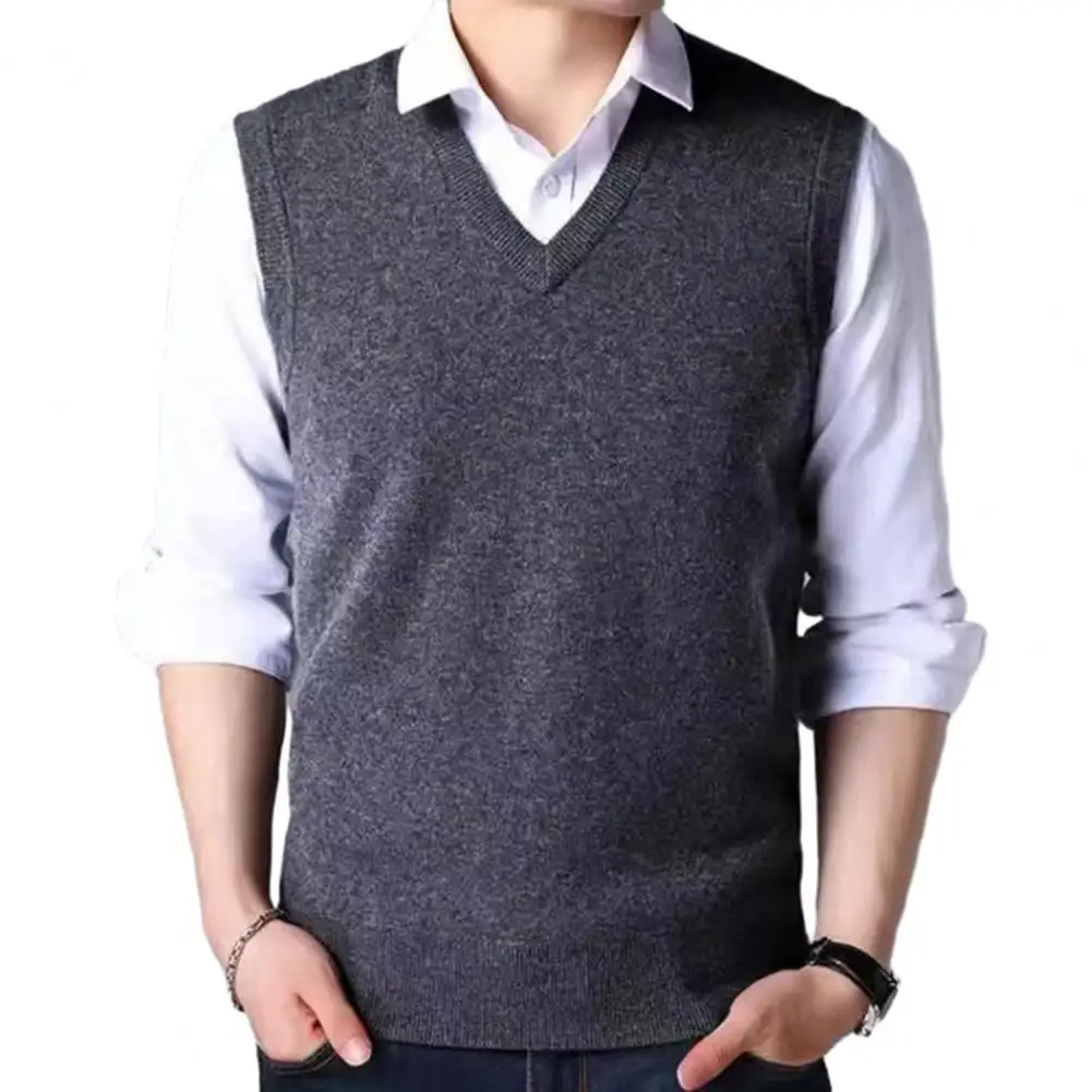 Comfortable Warm Sweater Vest Versatile Mid-aged Men's V-neck Knitted Sweater Vest Slim Fit Pullover with Ribbed Cuffs Spring