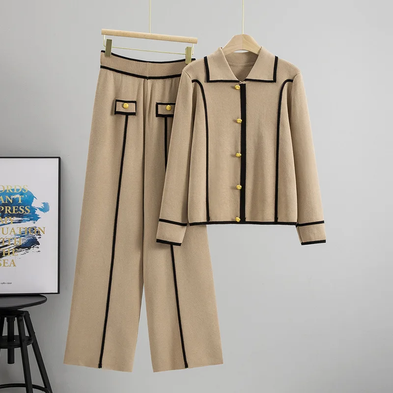 

Knitted Suit Women's Autumn and Winter New Casual Sweater Polo Collar Pullover Wide Leg Pants Two-piece Set