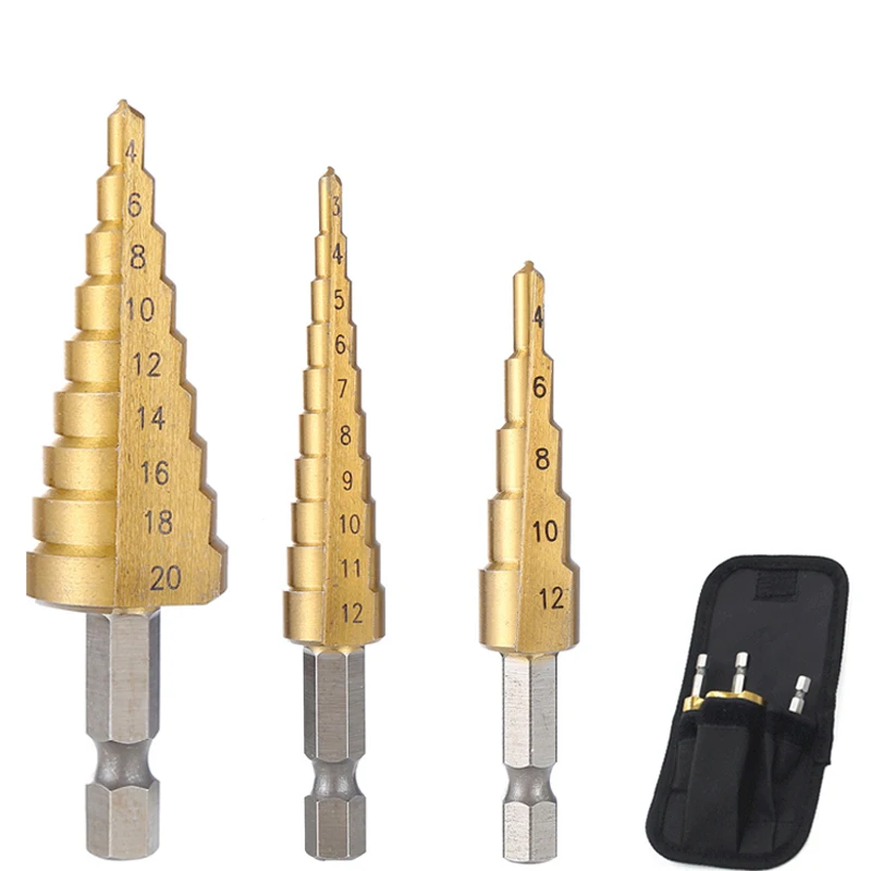 3 stücke Spirale Rillen Bohrer Bits 3-12 4-12 4-20 Bohren Power Tool Metall Edelstahl holz Loch Cutter Kegel Schnelle Bohrer Set – Detail 9