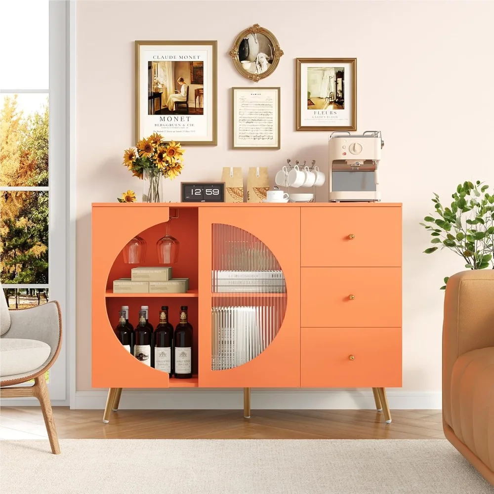 Modern Cream Buffet Sideboard with Fluted Glass Door and Wine Glass Rack