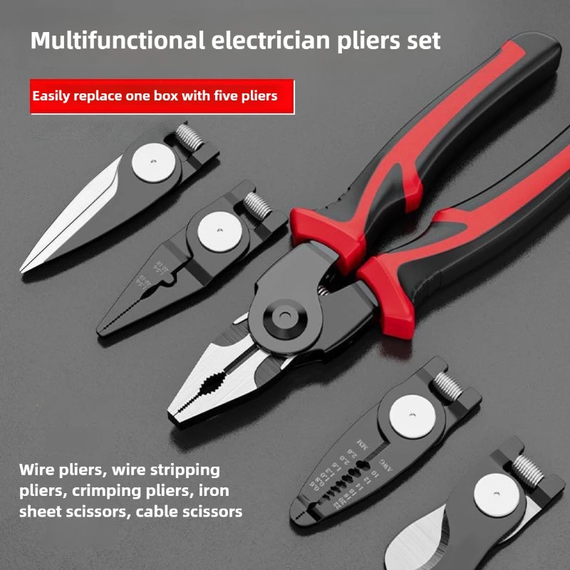 Elektriker-Abisolierzange, multifunktionale 5-in-1-Zange mit Mehrzweck-Konvertierungskopf, Mehrkopf-Design, robust und zuverlässig