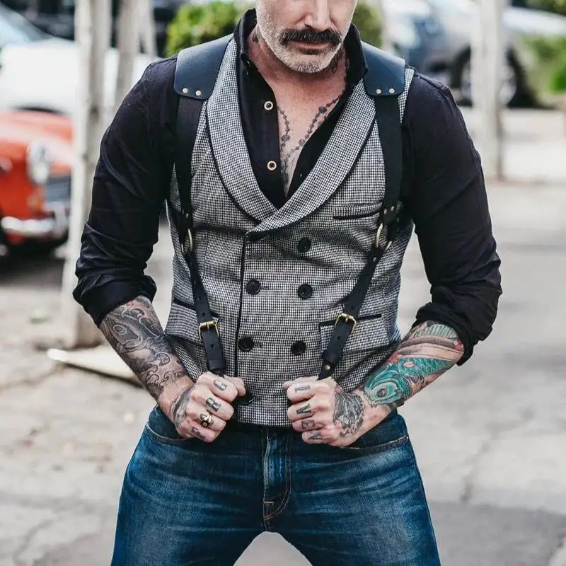 Style 2023 British Autumn New Men's Thousand Bird Grid Suit Vest With Green Fruit Collar And Bordered Double Breasted Buckle