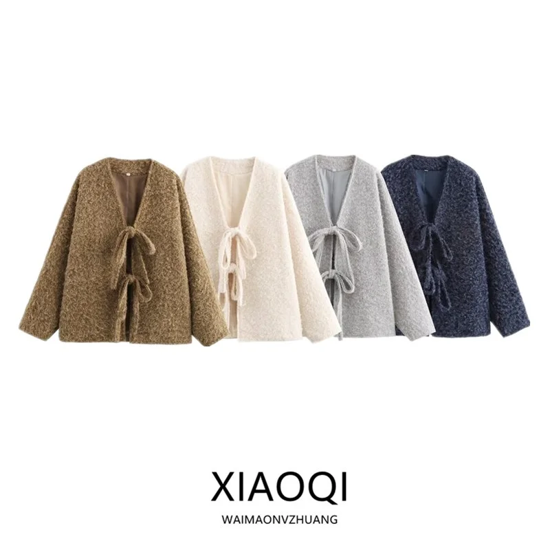 

Autumn Winter Women's Loose Long Sve V-Ne Knot Belted Coat Versatile Sle Comfortable Fit Faionable Outerwear