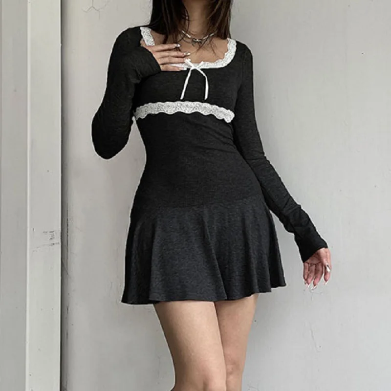 Autumn Mini Dress Women Sexy Black Long Sleeves Lace Patchwork Bodycon Solid A-LINE Dress Streetwear Club Elegant Party Dresses