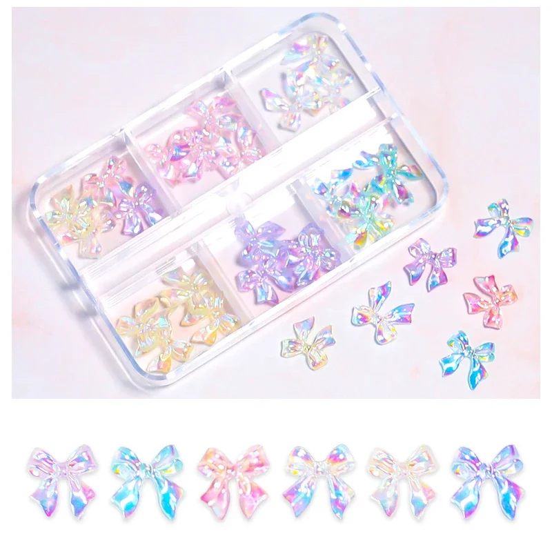 6 Grids Bow Acrylic Nail Art Decorations 3D Aurora Bowknot Resin Charms Jewelry DIY Manicure Decoration Supplies Accessories