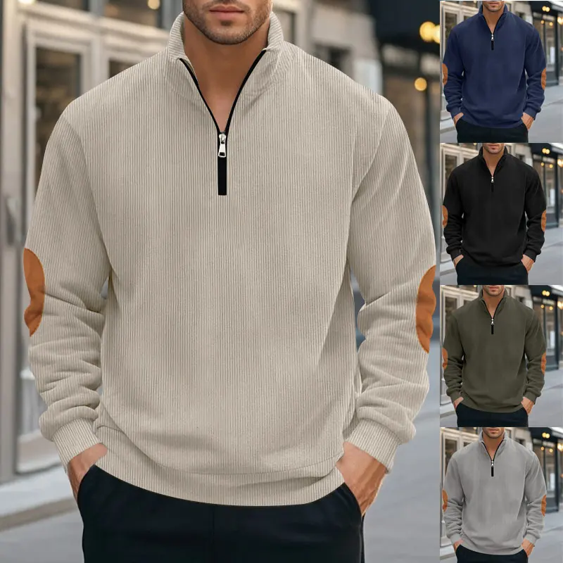 Autumn And Winter New Men's Stand Collar Hoodie Retro Style Corduroy Casual Men's Clothing Half Zip Patchwork Straight Down Top