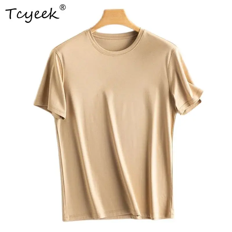 

Tcyeek, 7%Natural Silk Casual T-Shirt, Men V Neck Short Sleeve Solid, Loose Versatile Bottom Top, 2024 Summer Autumn T48127QC