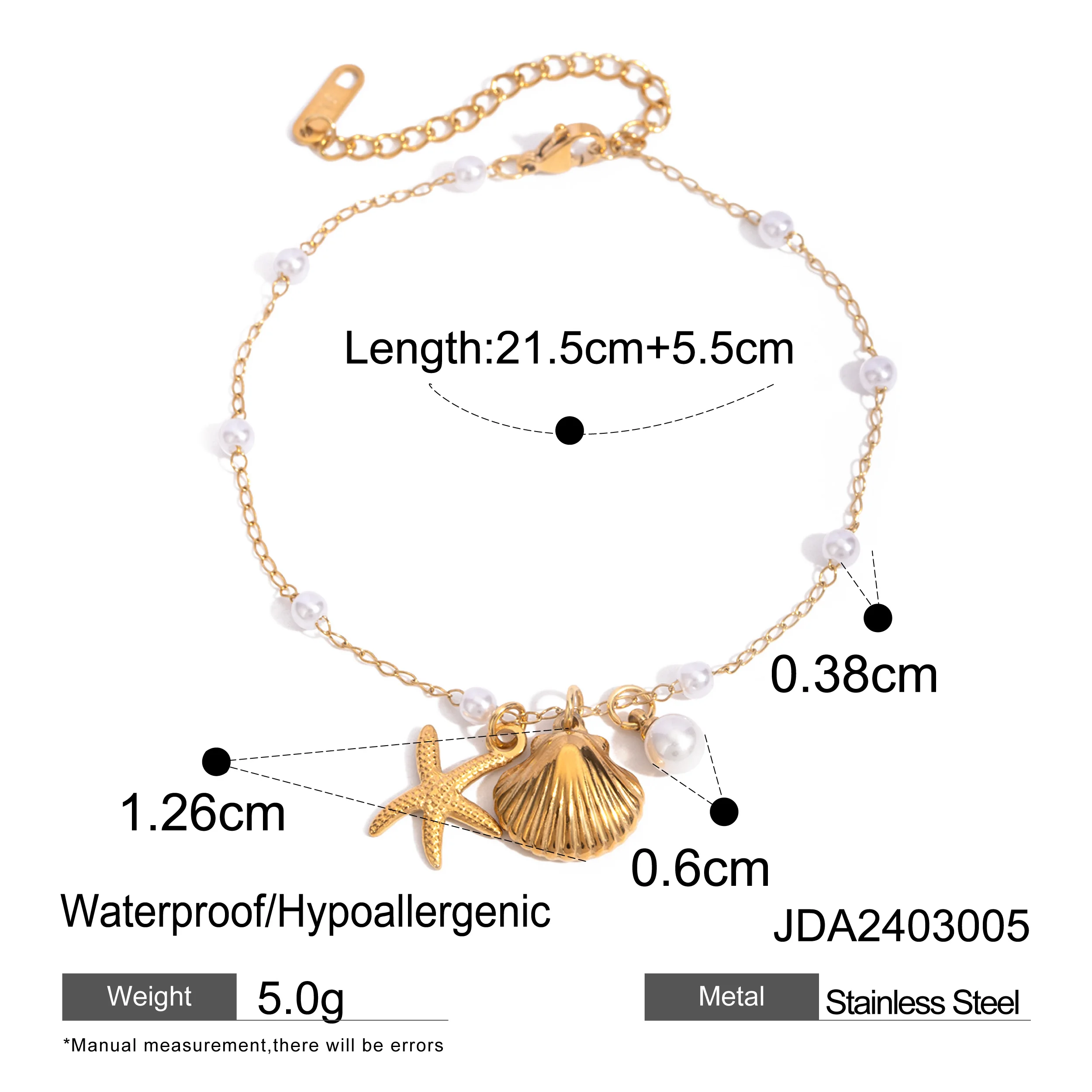 Uworld Waterproof Stainless Steel Shell Starfish Pearl Pendant Anklet 18K Gold Plated Fashion Jewelry for Women Girls