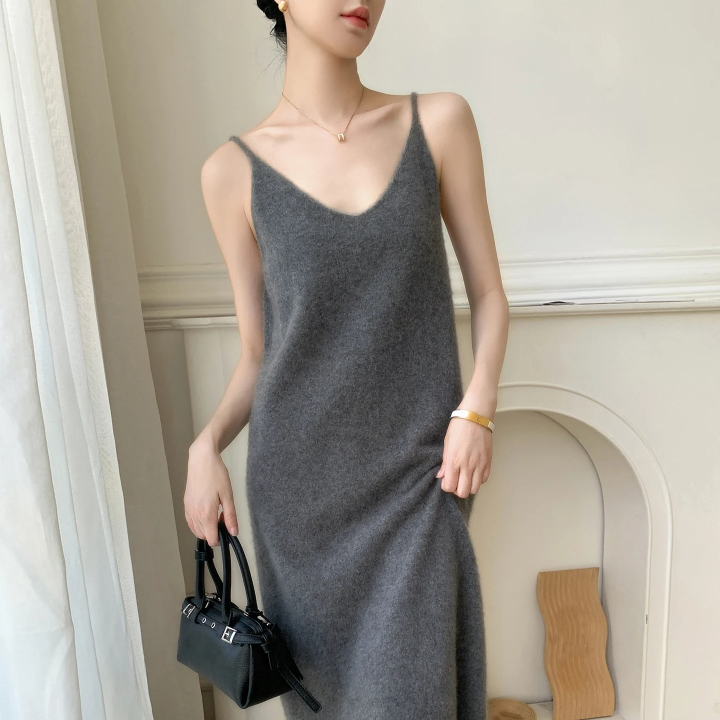 Women's 100% Pure Cashmere Long Strap Skirt Casual Solid Color Knitted Sweater Loose V-neck Pullover Top