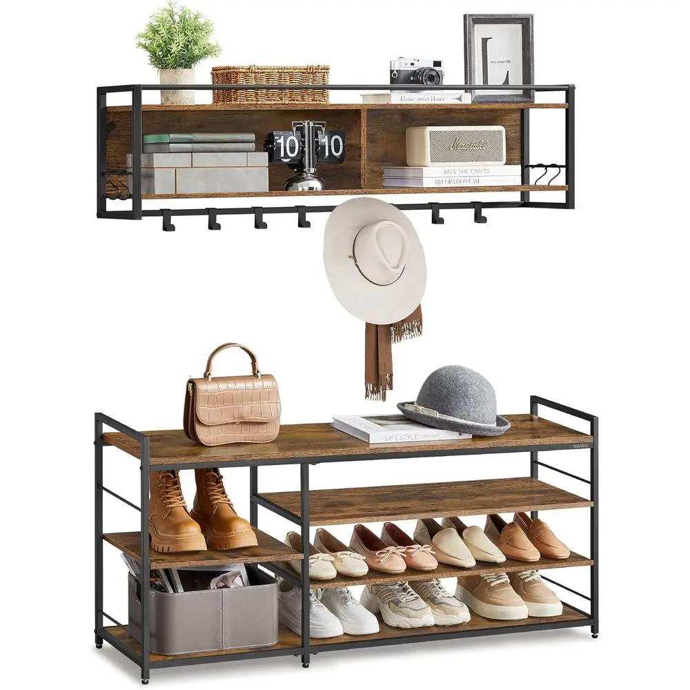 

Multifunctional Entryway Furniture Set with Shoe Bench, Coat Rack, 12 Hooks, 4-Tier Rack in Rustic Brown