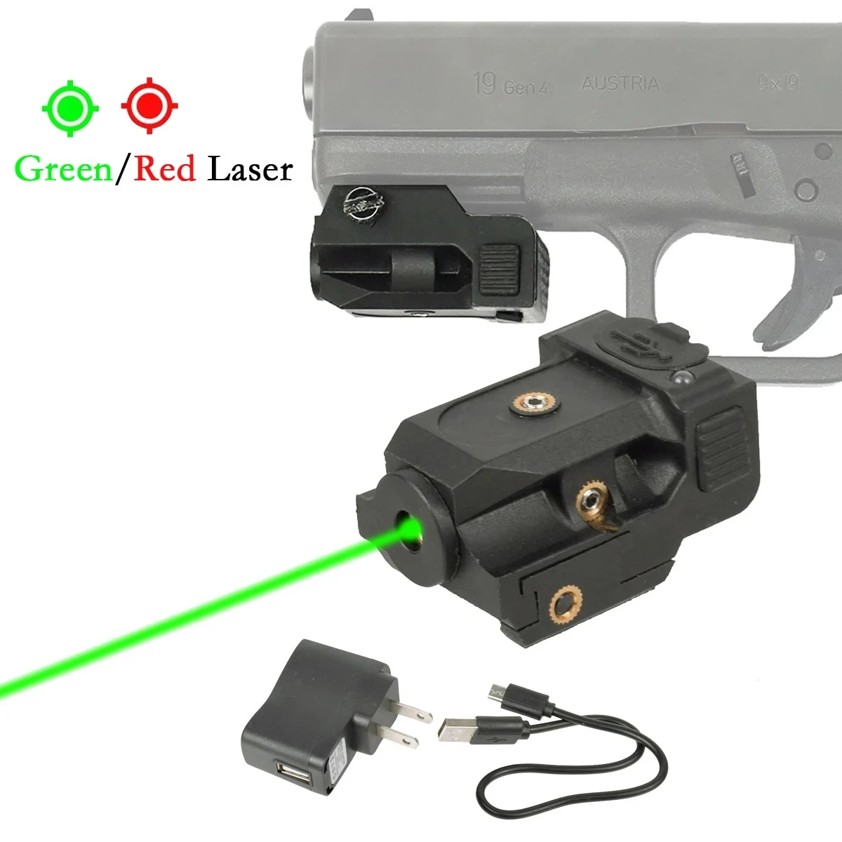 

Tactical USB Charging Handgun Red Green Dot Laser Sight Pistol Scope Fit 20mm Rail G17 G19 Taurus G2C Pistol Training Laser