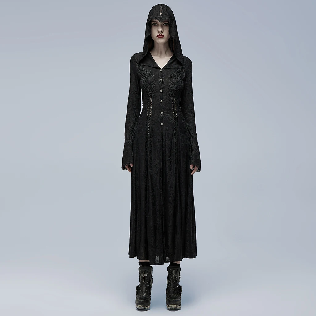 PUNKRAVE Women\'s Coat Gothic Cut-out Applique Coat Gorgeous Exquisitely Hooded Trumpet Cuffs Long Dress