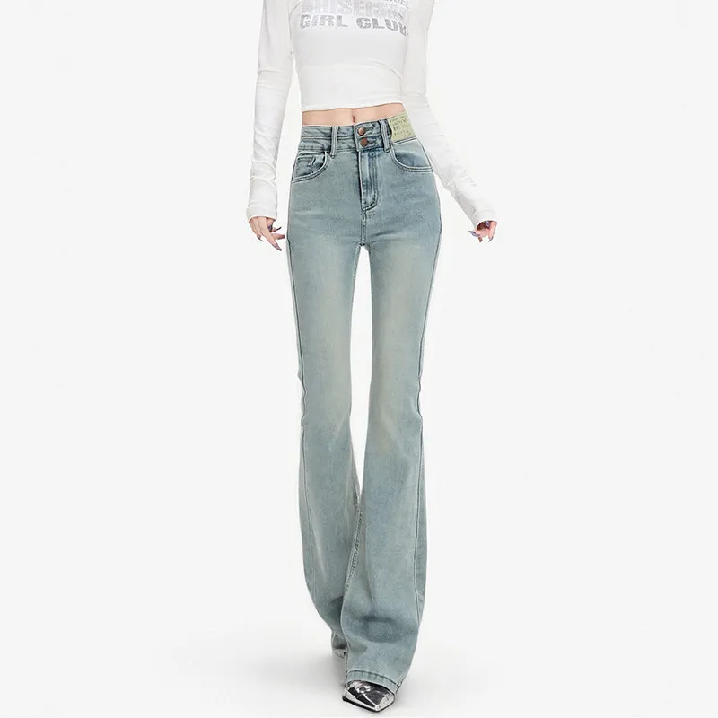 

Spring 2026 High Waist Bell Bot Jeans Women's Design Sensation Light Color Elastic Dra Floor Length Hoof Pants