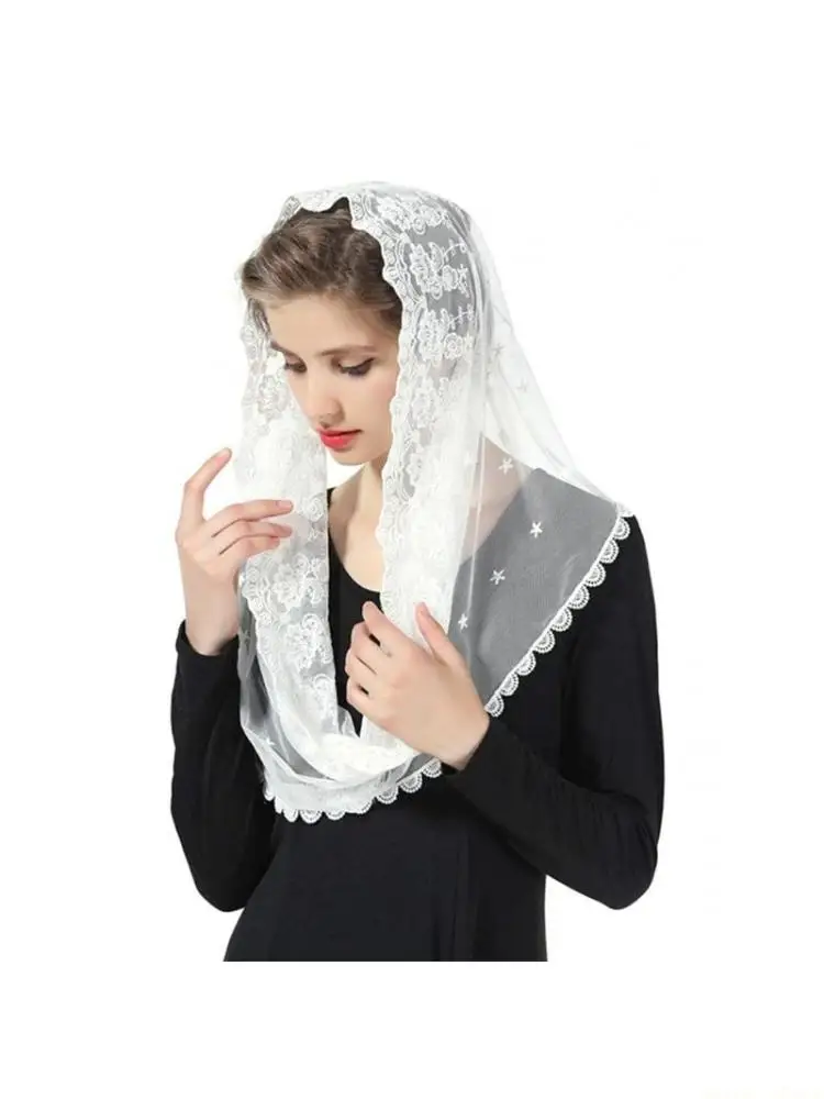 

31BF Muslim Women for Infinity Floral Lace Veil Scarf Wedding Bride Chapel for Head Covering Wrap Latin Mass Mantilla for