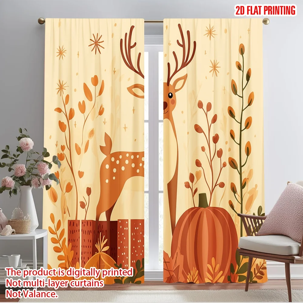 2pcs,2D plane printing Window Curtain Deer Autumn Christmas Gift (2) Versatile 100% Polyester (without rod) Festive Perfect for