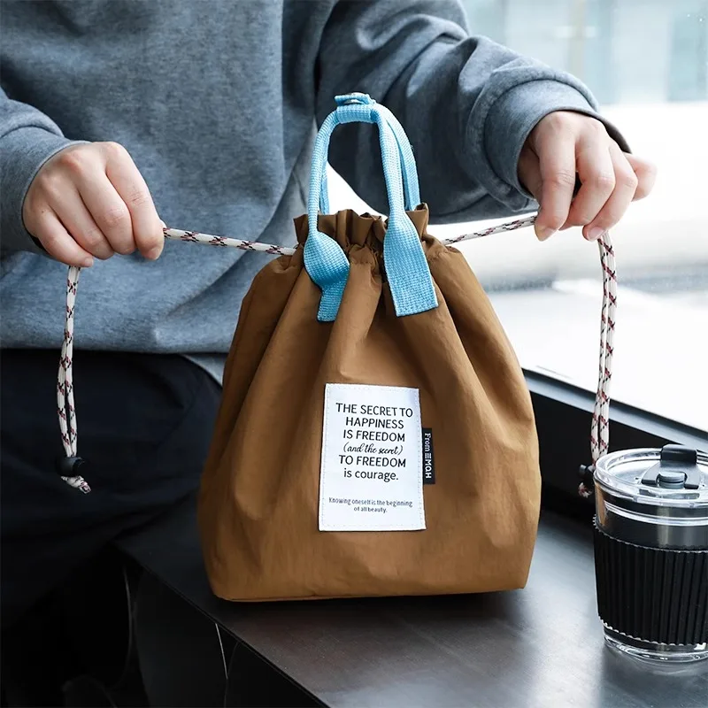 Large Capacity Waterproof Lunch Bag with Drawstring Closure Thick Insulation Cooler Bento Bag for Picnic Work Student Handle Bag