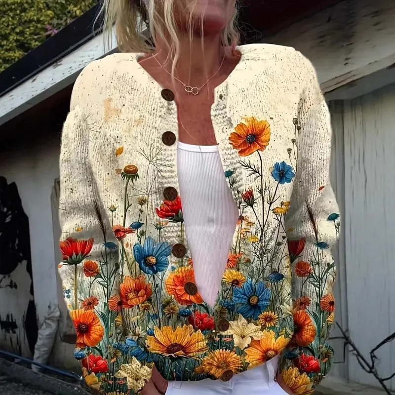 

Вязаная верхняя одежда с принтом FL, женский свитер, пальто, уютный свитер с принтом, пальто для женщин, стильная вязаная верхняя одежда с длинными рукавами и открытыми