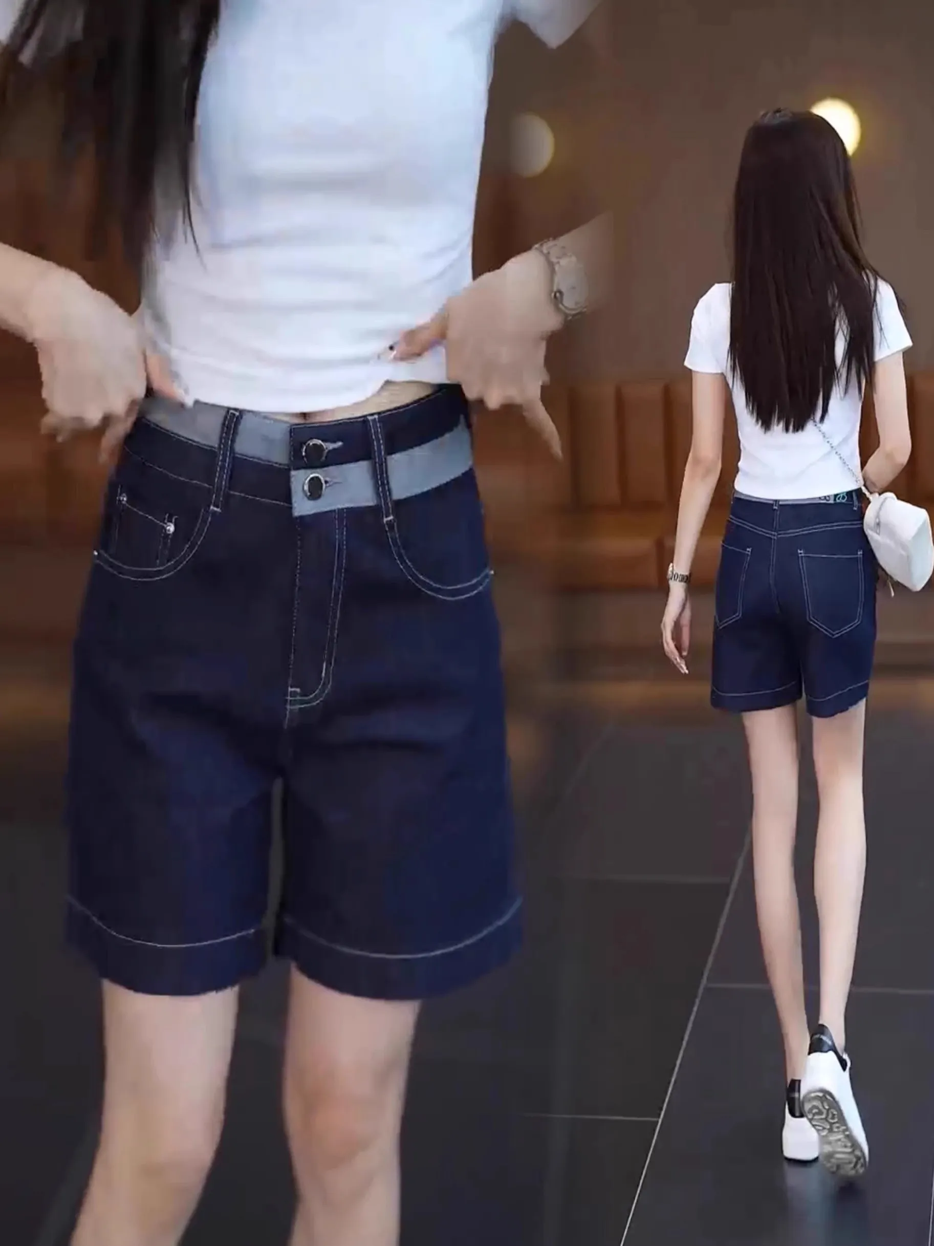 

Женские летние шорты из денима с высокой талией, тонкие, А-силуэт, широкие штанины, повседневные, на молнии, свободный крой, глубокий цвет