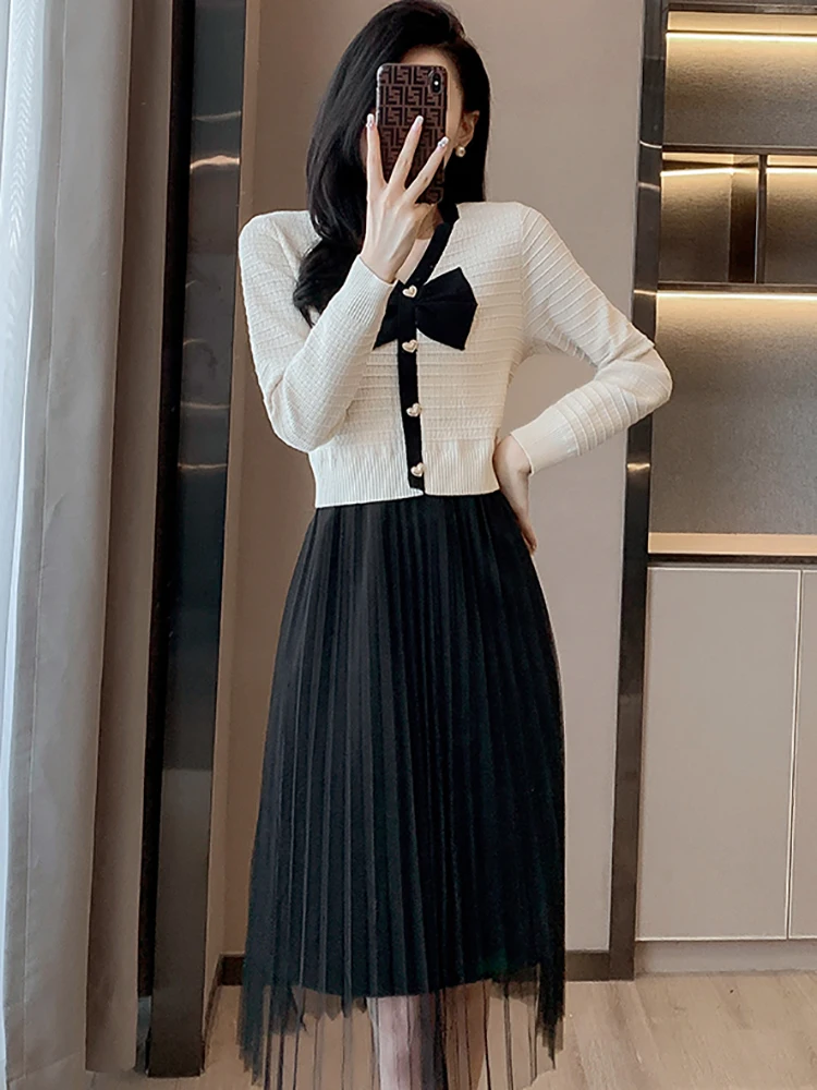 

Autumn Winter Knitted Cotton Patchwork Mesh Midi Dress Women Long Sleeve Chic Bow Collar Dress 2023 Black Korean Vintage Dresses