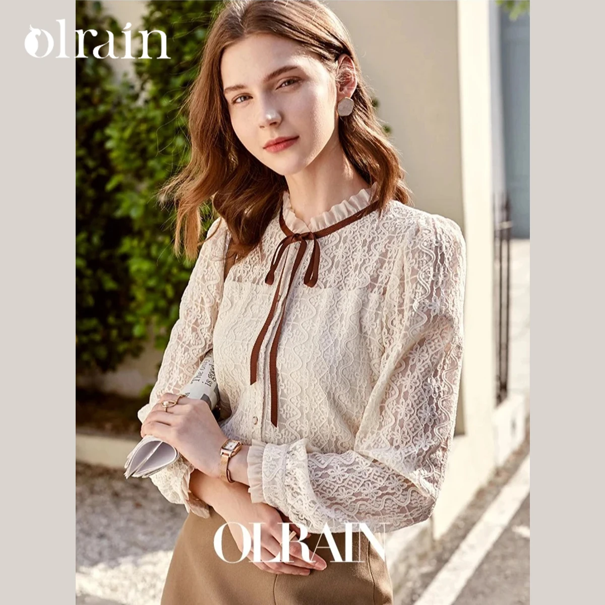 

OLrain Womens Casual Shirts 2025 Autumn Knitted Spliced Lace Up Bow Single Breasted Elegant Long Sleeve Blouses Lady M56QC36385