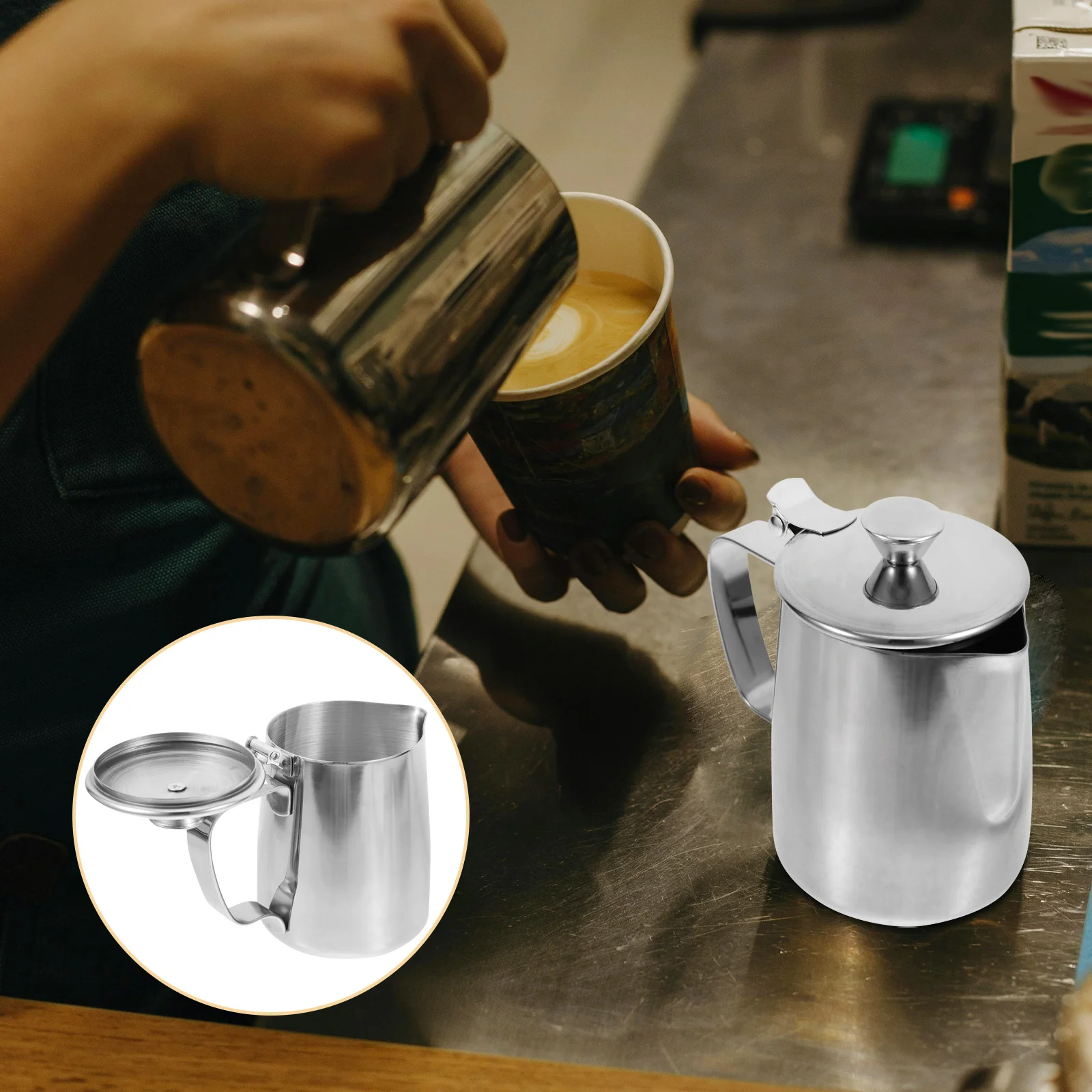 

Coffee Milk Frothing Pitcher Stainless Steel Lid 350ml Milk Frother Cup Espresso Jug Precision Pouring Latte Art Coffee