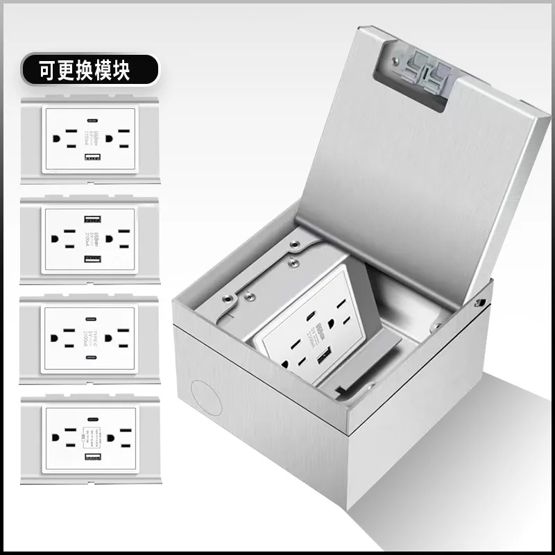 

US Standard Double Socket Marble Embedded Stainless Steel Floor Plug Hidden US Standard Three-hole 20W Invisible Floor Plug