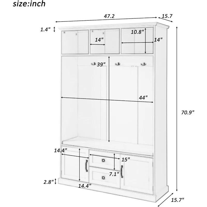 Hall Tree with 3 Hooks & Cushioned   and 2 Large Drawers,Space Saving,for Mudroom Entryway,home.