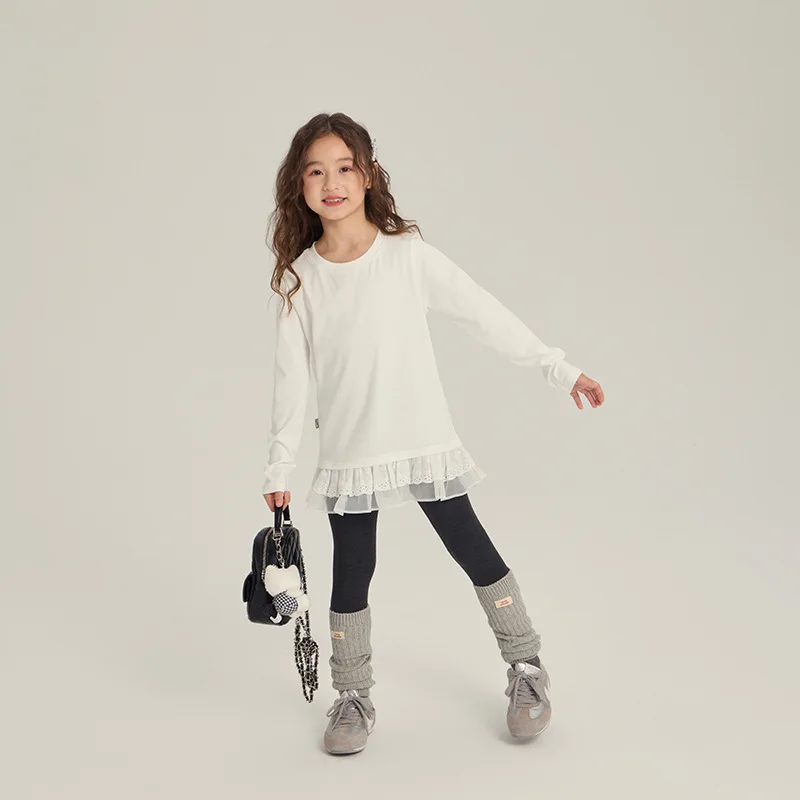 

Children's Versatile White Long-sleeved T-shirt Spliced Lace Hem Top with Bottoming Shirt 2025