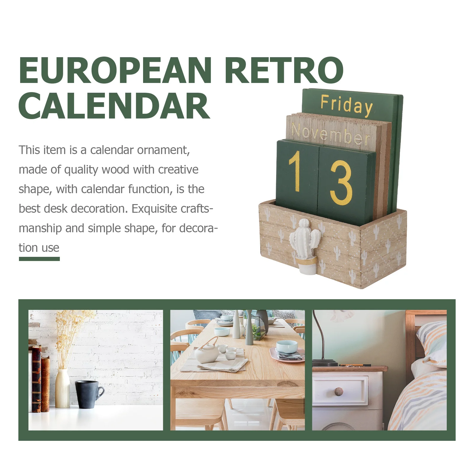 

1Set Green Cactus Table Wood Calendar Simple Desktop Ornament Office Supply Calendar Decor Wood Craft Chic Table Decor Accessory