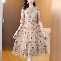 Women Floral Natural Silk Embroidery Midi Dress Spring Summer Fahsion Casual Beach Maxi Sundress Elegnat Loose Dress