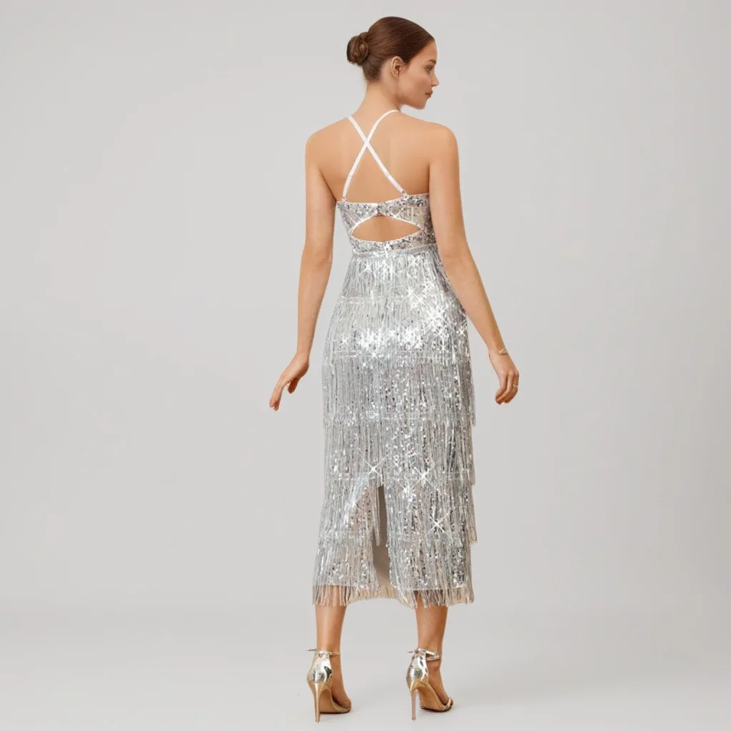 Abiti da sera da cocktail party con spacco posteriore a vita alta con bretelle in paillettes tinta unita Abito medio e lungo Vestido