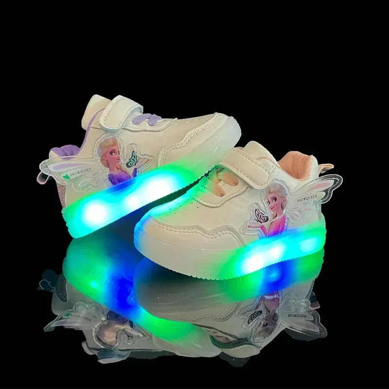 

Casual Shoes LED Light Girls Sneakers Disney Frozen Elsa Board Shoes Spring pu Soft Sole Fashion Running shoes