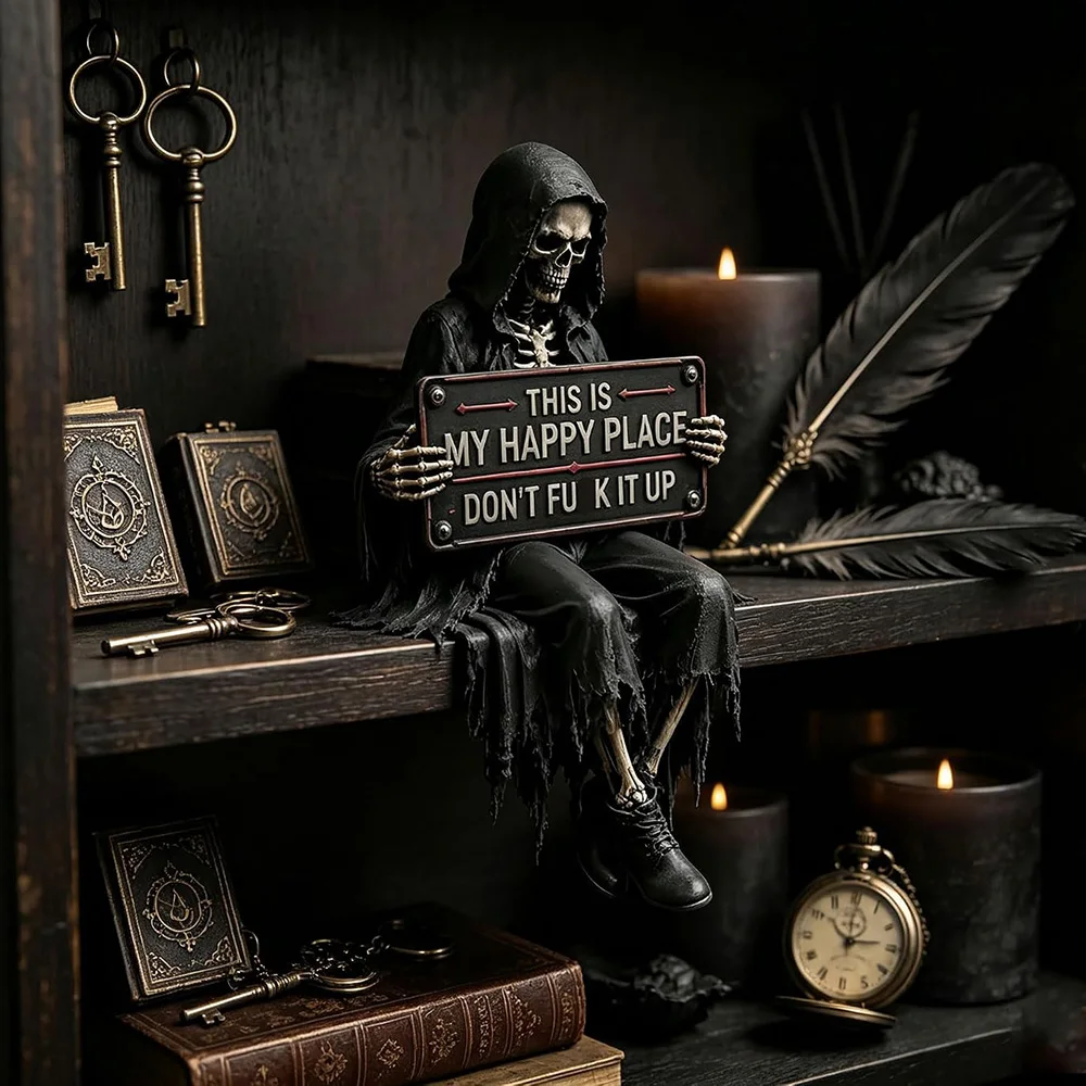 12cm Gothic-Skelett-Bücherregal-Figur, gruseliges Regal-Ornament aus Kunstharz, lustiges Schild, dunkle Halloween-Tischdekoration, Bücherregal-Dekor – Detail 2