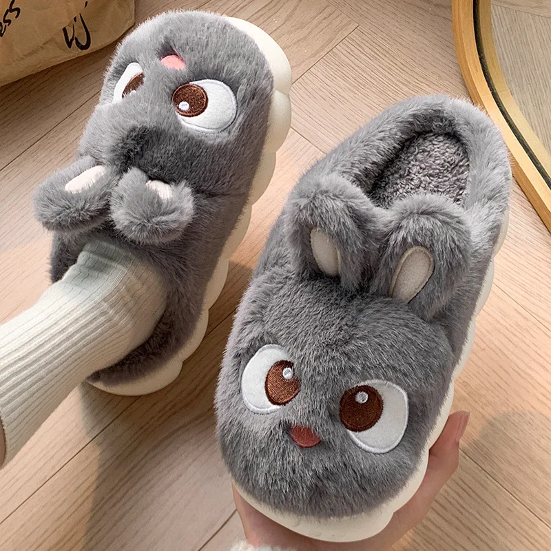 

New Women's Fluffy Cartoon Rabbit Cotton Slippers for Winter Indoor Bedroom Slides Kawaii Bunny Ear House Memory Foam Slippers