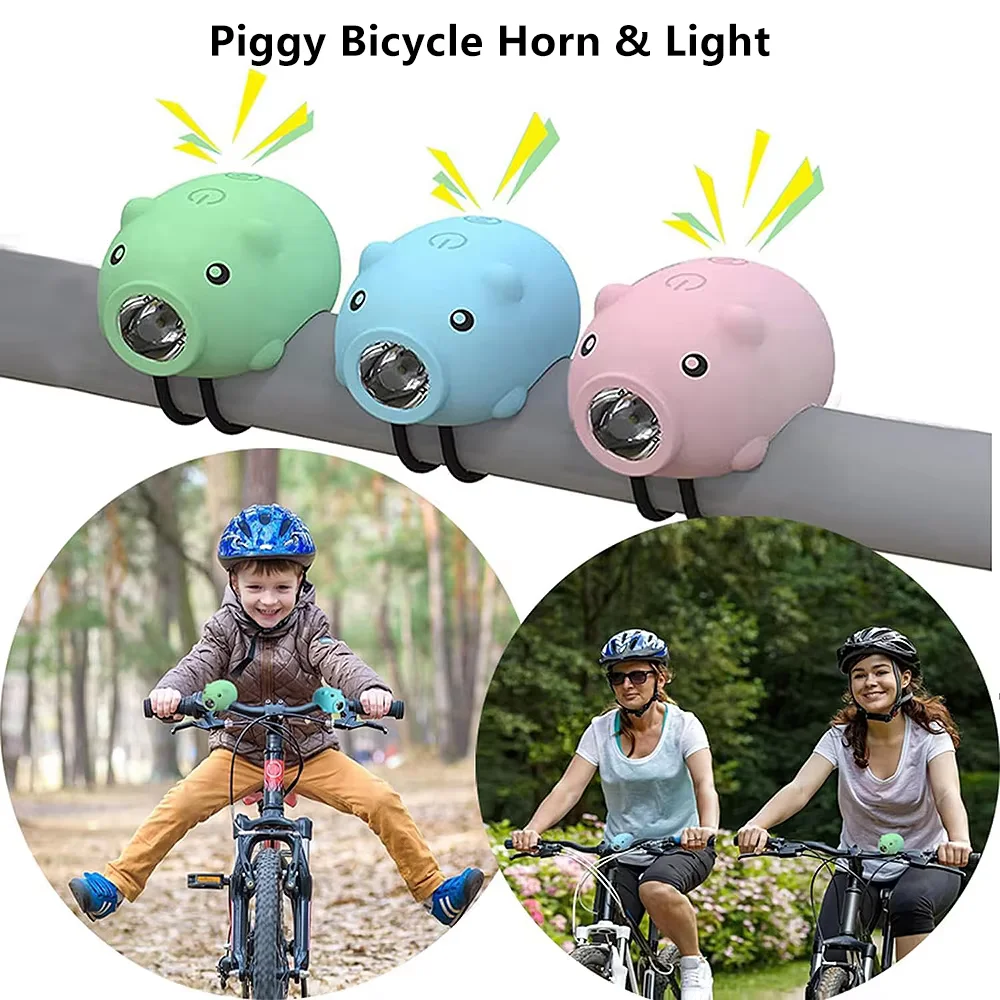 MTB Bike Headlight with Horn Rechargeable Children Cartoon Piggy Cycling Lamp 3 Modes Handlebar Front