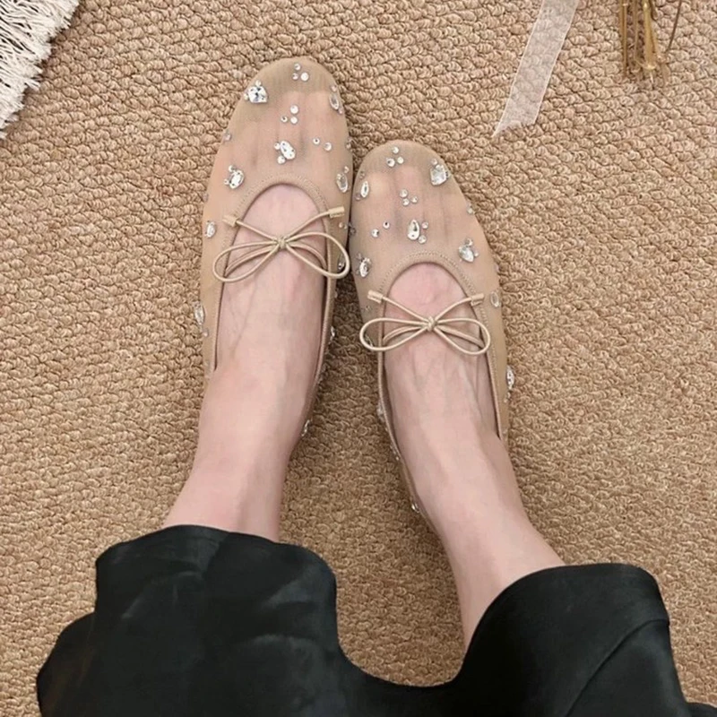 Summer Elegant Women's Sparkly Rhinestone Bow Mesh Block Low Heels Square Toe Ballet Pumps Wedding Party Dress Shoes For Ladies view 2