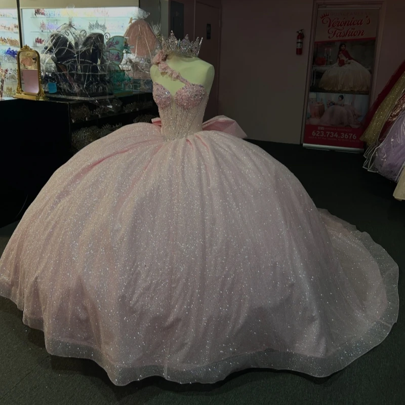 

Pink Shiny Ball Gown Quinceanera Dresses Beading Crystal Bow Tull Corset Off Shoulder Sweet 16 Dress Vestidos 15 Anos