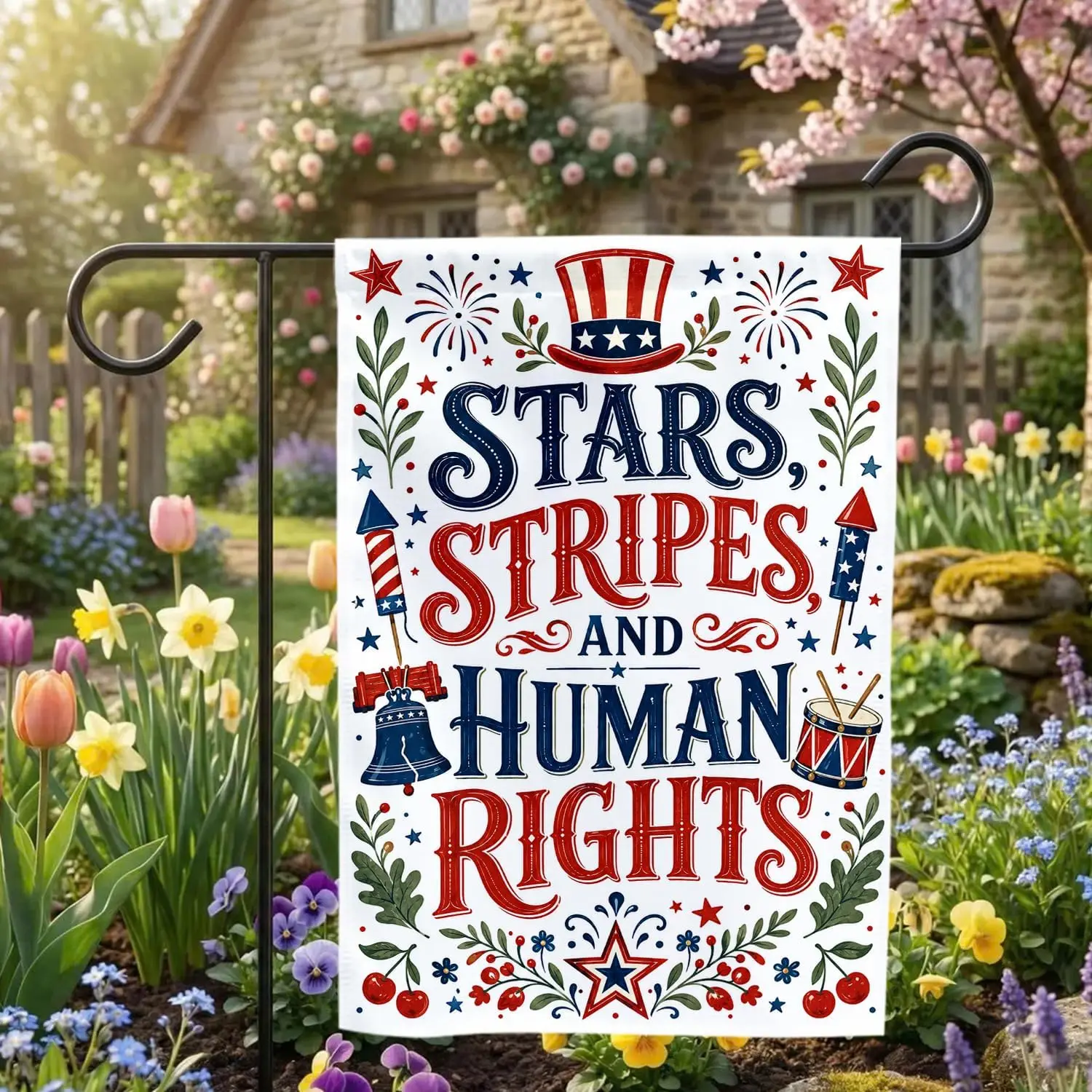 MAIANEY Patriotic Garden Flag, Stars Stripes And Human Rights Yard Banner, Fourth Of July Americana Decor, Freedom Democracy PPZ