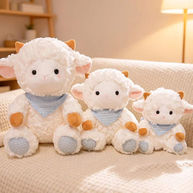 Kawaii Fluffy Sheep Plush Doll Adorable Sitting Lamb Stuffed Animal Toy with Triangle Scarf Bedroom Decoration Gift for Girls