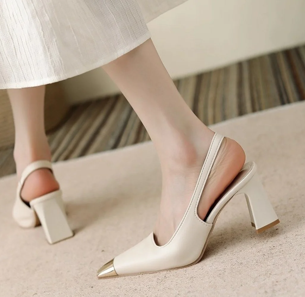 صنادل صيفية مفتوحة من الأمام للنساء بمقدمة مدببة وكعب عالي وكعب سميك بدون ظهر تصميم كوري أنيق للسيدات أحذية Zapatillas Mujer
