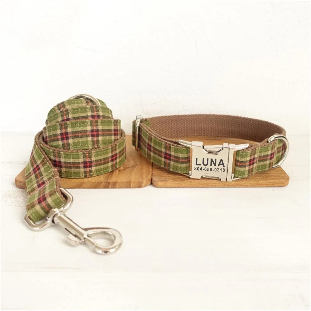 Personalized Pet Collar Customized Nameplate ID Tag Adjustable Soft Green Brown Suit Plaid Cat Dog Collars Lead Leash