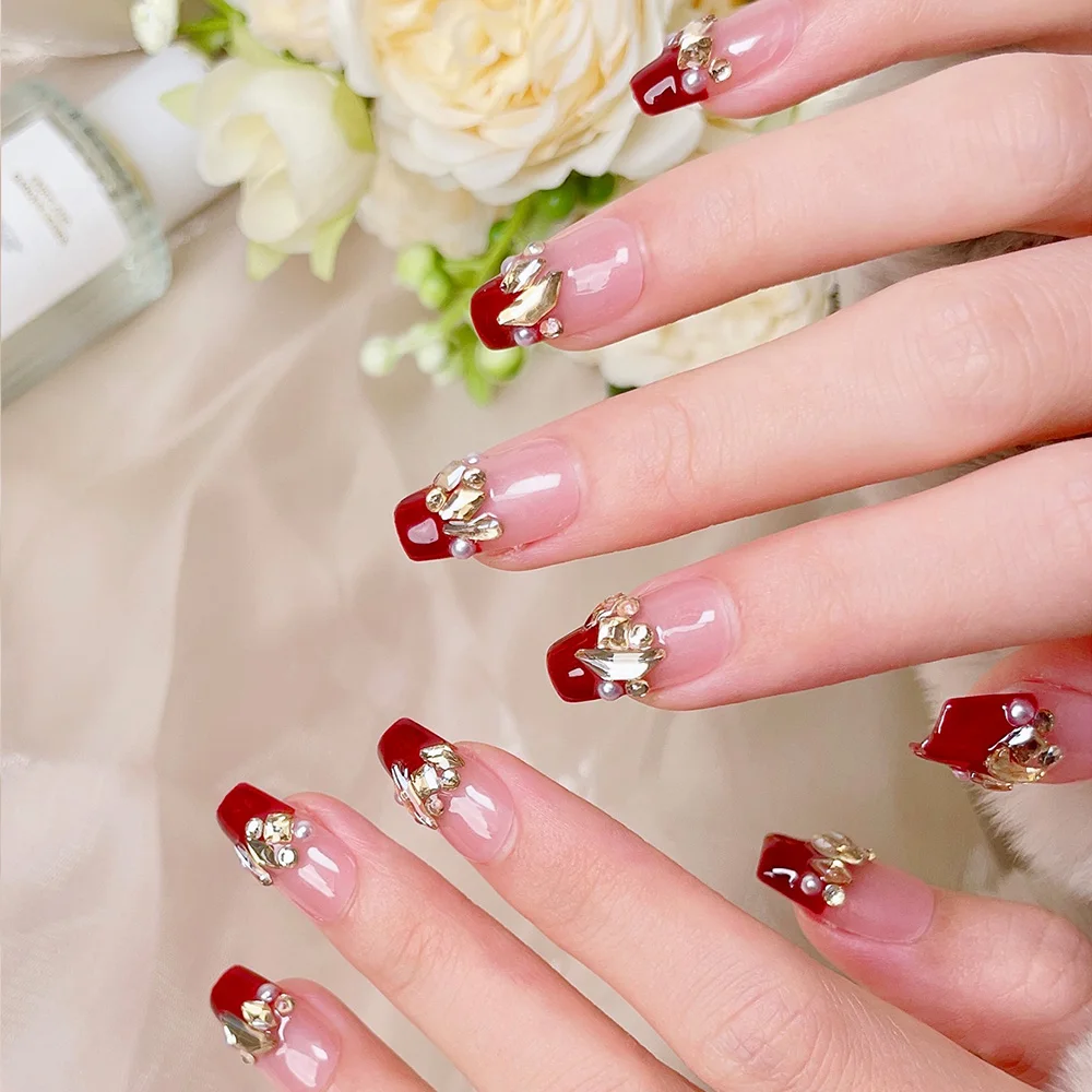 10pcs Short Trapezoid Handmade Press On Nails Kit, Wine Red Fake Nails, Noble Elegant Wearable Nail Art, Rhinestone Ring - view 4