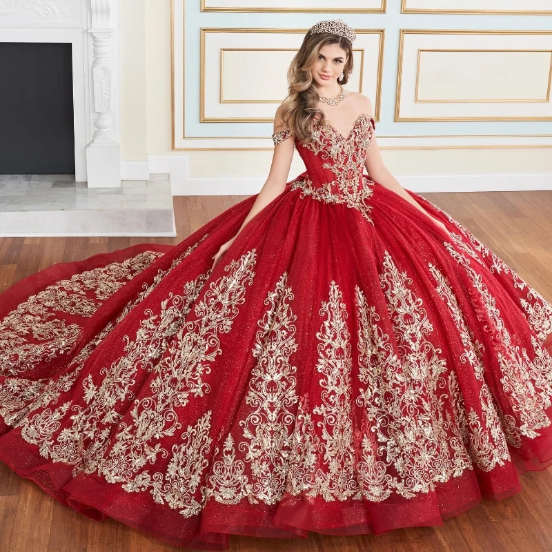 

Red Quinceanera Dress Off The Shoulder Gold Applique Crystal Beads Corset Ball Gown Sweet 16 Dress Vestidos De XV Anos