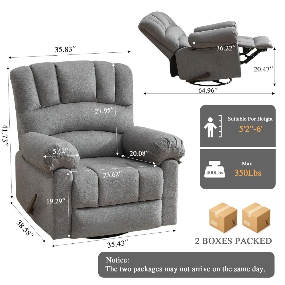 Oversized Swivel Rocker Recliner Chair, Extra Wide Overstuffed Fabric Manual Recliner, 360° Swivel Rocking Chair Fits, Custom