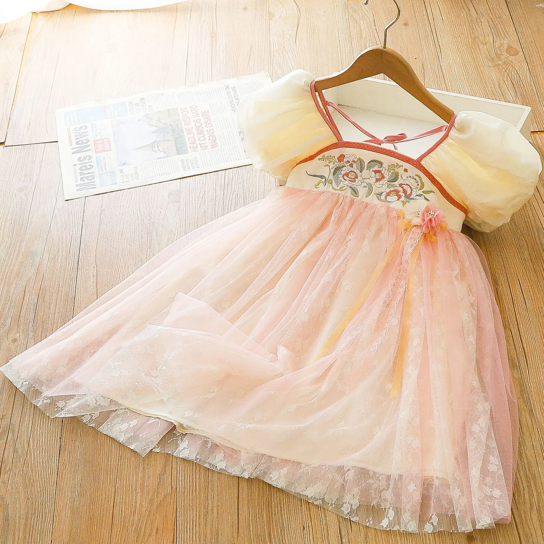 

Chinese style girl's embroidered summer children's soft ancient style mesh princess dress