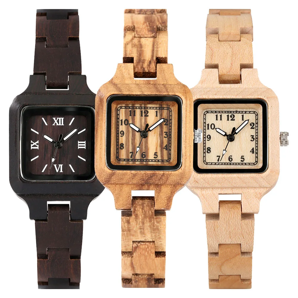 

Classic Square Shaped Quartz Watches for Women Wooden Band Bracelet Wristwatch Ebony/Maple/Zebrawood Natural Stylish Lady Watch