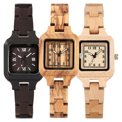 Klassische Quadratische Quarz Uhren für Frauen Holz Band Armband Armbanduhr Ebenholz/Ahorn/Zebrawood Rund Natürliche Stilvolle Dame Uhr