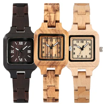 Clássico quadrado em forma de relógios de quartzo para mulheres pulseira de madeira relógio de pulso ébano/a bordo/zebrawood natural elegante senhora relógio