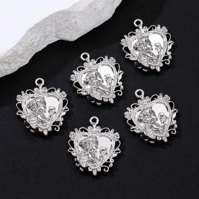 5pcs New Fashion Baroque Angel Rose Silver Color Pendants Pretty Heart Charms For Making Handmade DIY Jewelry Accessories