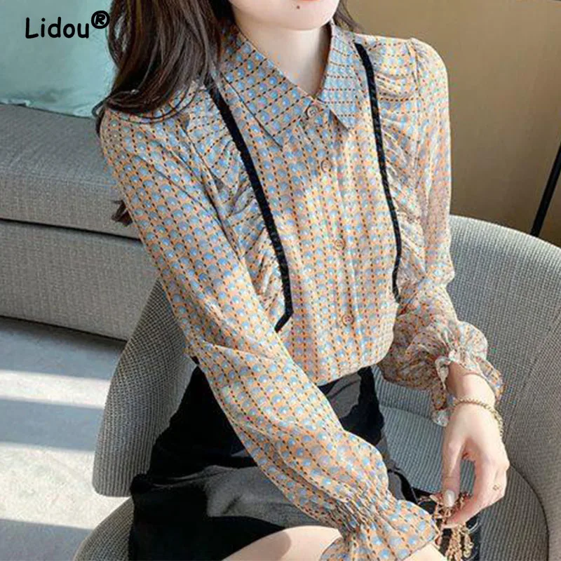 Polo-Neck Single Breasted Chiffon Blouses for Women, High-End Temperament, Long Sleeve, Sweet Elegan, Summer, Autumn, 2024